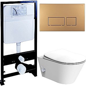 Унитаз Boheme Avva 972-2-MW с инсталяцией и кнопкой 664-MG белый матовый/матовое золото, безободковый, с функцией биде купить в интернет-магазине Sanbest