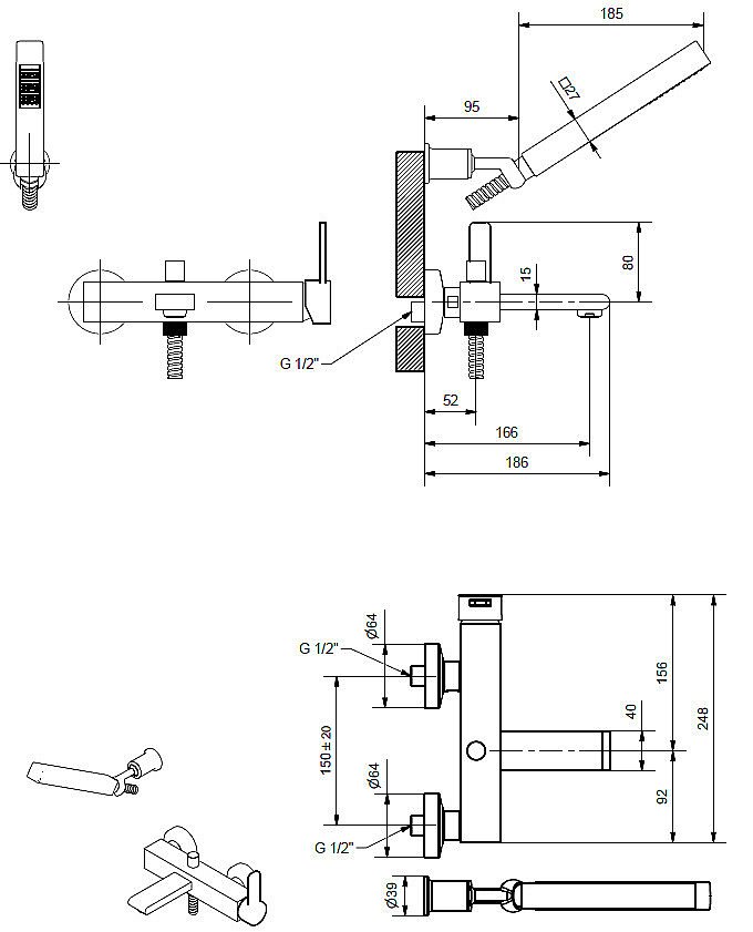 Смеситель для ванны Bugnatese Stone 9302 хром купить в интернет-магазине сантехники Sanbest