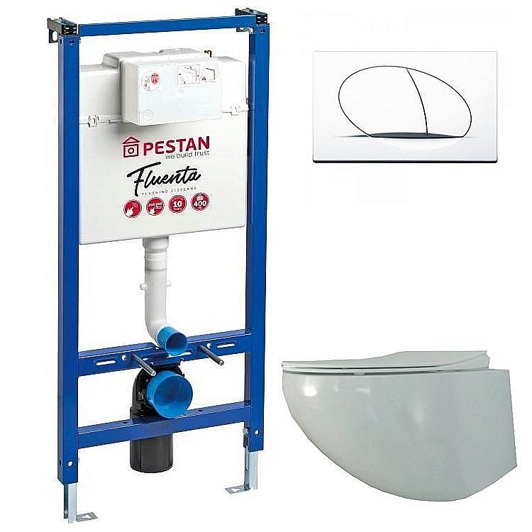 Унитаз с инсталляцией Pestan Fluenta Rimless SET40006661PW безободковый, с крышкой микролифт, кнопка белая купить в интернет-магазине Sanbest