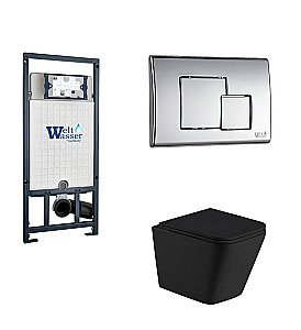 Унитаз с инсталляцией WeltWasser MARBERG 507+GELBACH 043 GL-BL+MAR 507 SE CR черный/кнопка хром, безободковый, с крышкой микролифт, слив торнадо купить в интернет-магазине Sanbest