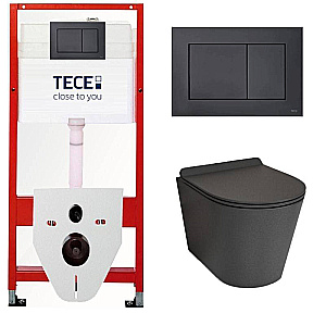 Унитаз подвесной beWash Aldo с инсталляцией TECE 9400414+BKWHR101480 безободковый, с сиденьем микролифт, чёрный матовый/кнопка черная матовая купить в интернет-магазине Sanbest