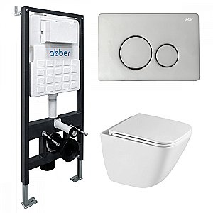 Унитаз подвесной ABBER Rechteck AC1220TC-AC0105-AC0121 белый/кнопка хром глянцевый, с крышкой микролифт, с инсталляцией, безободковый, слив-торнадо купить в интернет-магазине Sanbest