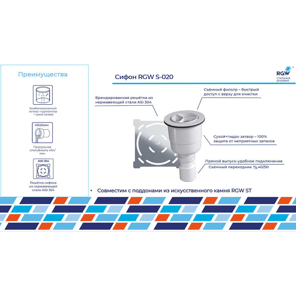 Сифон для душевых поддонов RGW S-020 купить в интернет-магазине сантехники Sanbest