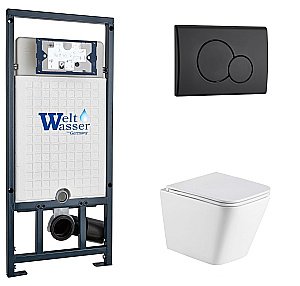 Унитаз подвесной WeltWasser MARBERG 507 + GELBACH 043 MT-WT + MAR 507 RD MT-BL белый матовый, безободковый, с крышкой микролифт, слив-торнадо, с инсталляцией и черной матовой кнопкой купить в интернет-магазине Sanbest