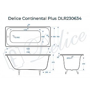 Ванна чугунная Delice Continental PLUS Elite DLR230634 170х70 белая купить в интернет-магазине Sanbest