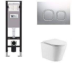 Унитаз подвесной WeltWasser AMBERG 350 + SALZBACH 043 GL-WT + AMBERG RD-MT CR белый глянцевый, безободковый, с крышкой микролифт, слив торнадо, с инсталляцией и кнопкой хром матовый купить в интернет-магазине Sanbest
