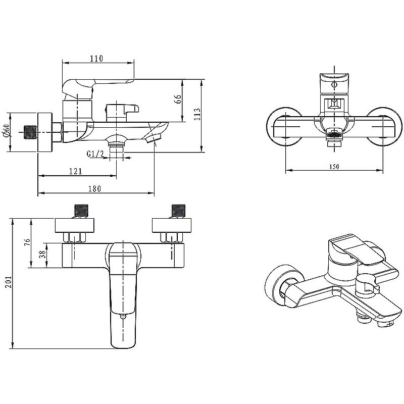 Смеситель для ванны Kaiser Glory 69022 купить в интернет-магазине сантехники Sanbest