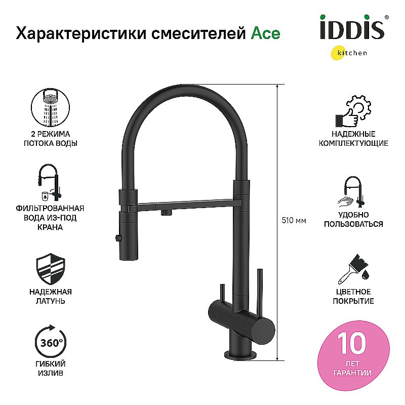 Смеситель для кухни Iddis Ace ACEBLFFi05 черный матовый купить в интернет-магазине сантехники Sanbest