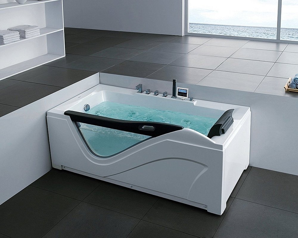 Ванна акриловая Gemy Glass Panel G9055 K 181x92 белая с гидромассажем купить в интернет-магазине Sanbest