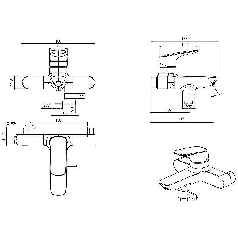 Смеситель для ванны Aquatek Вега AQ1040MB черный купить в интернет-магазине сантехники Sanbest