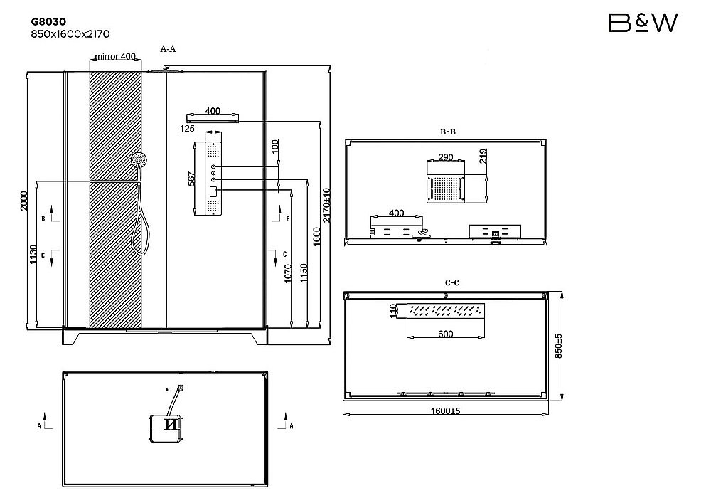 Душевая кабина Black&White GALAXY G8030 160х85 черный/прозрачный купить в интернет-магазине Sanbest