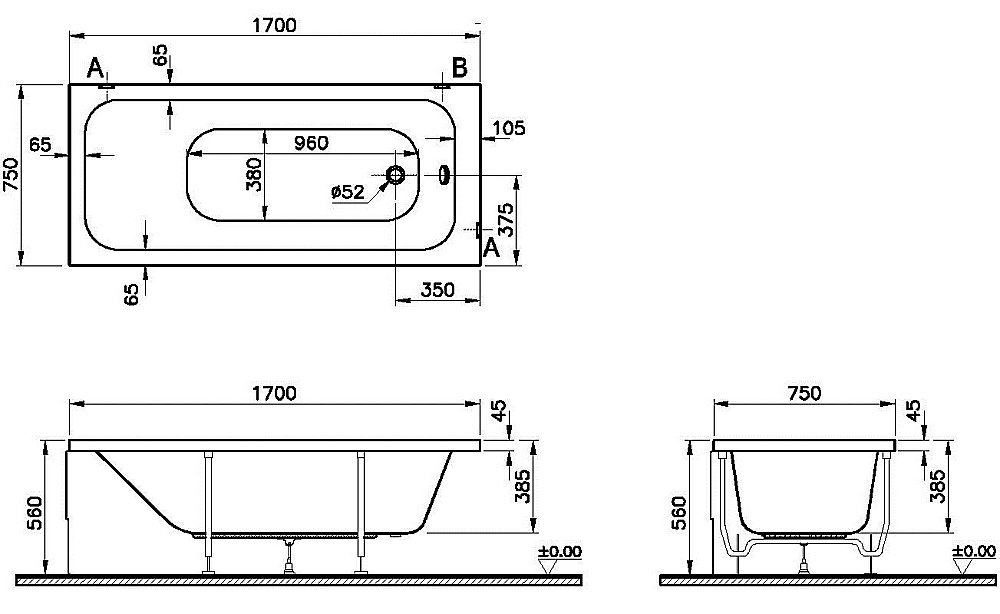 Ванна акриловая Vitra OPTIMUM NEO 64570001000 170x75 купить в интернет-магазине Sanbest