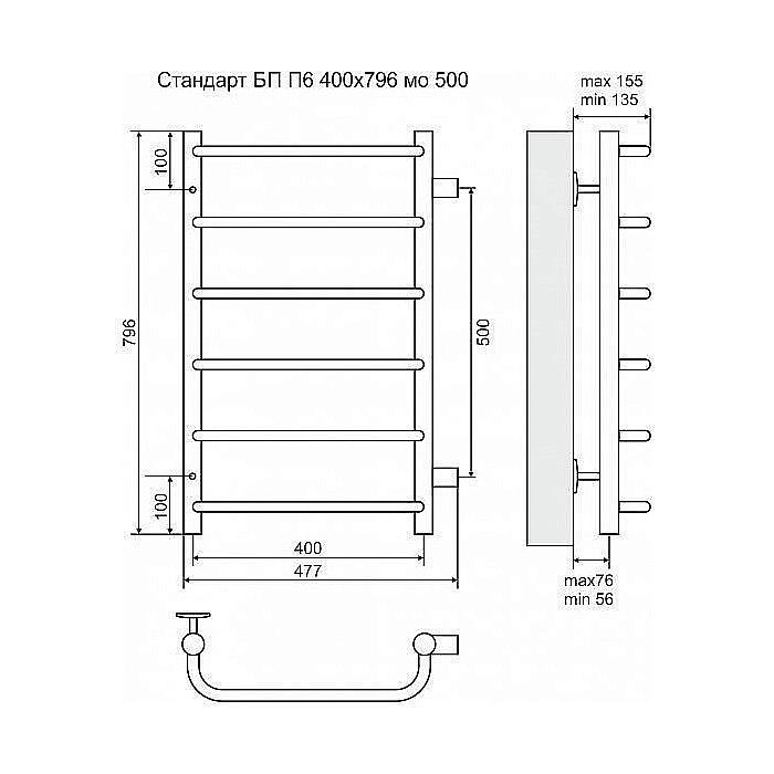 Полотенцесушитель водяной Terminus Стандарт П6 400x796 с боковым подключением 500 купить в интернет-магазине сантехники Sanbest