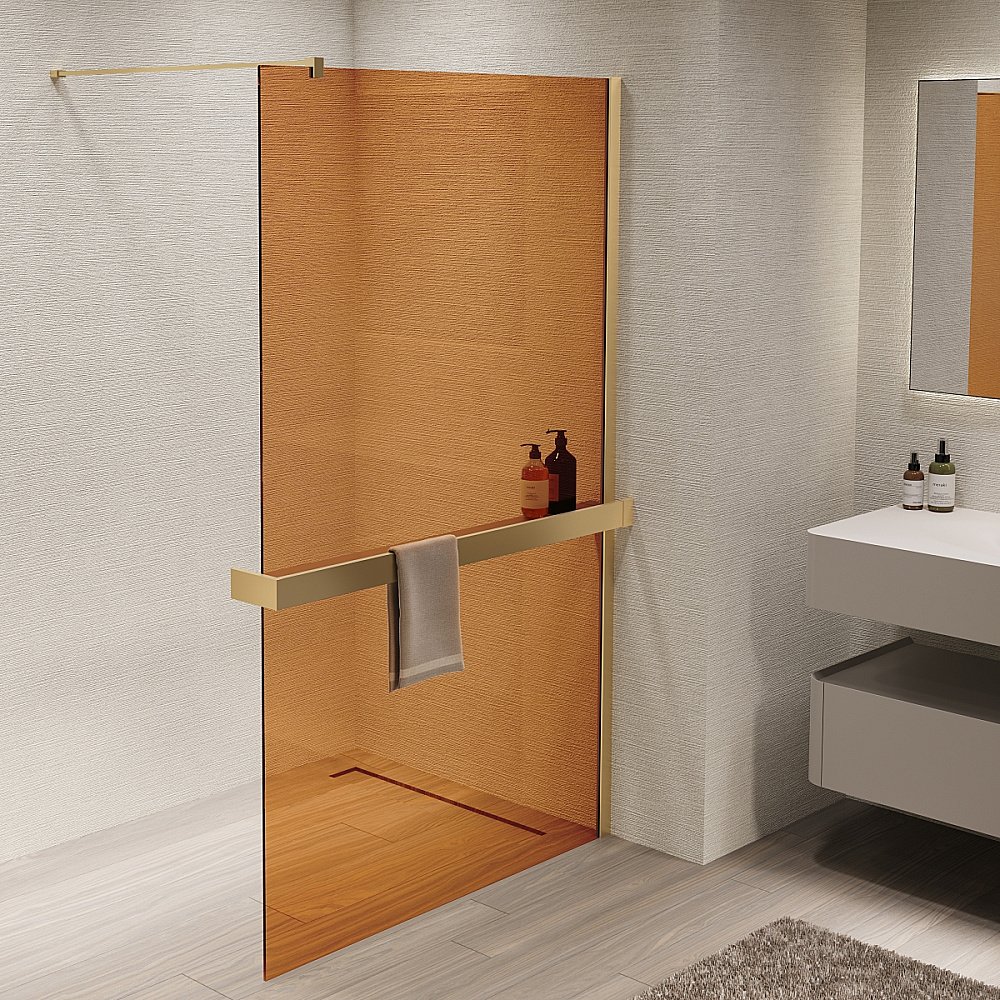 Душевая перегородка Vincea Walk-In VSW-1HR100GSG 100x200 профиль матовый золотой/стекло янтарь купить в интернет-магазине Sanbest