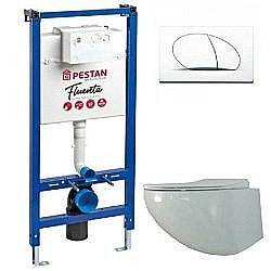 Унитаз с инсталляцией Pestan Fluenta Rimless SET40006661PW безободковый, с крышкой микролифт, кнопка белая купить в интернет-магазине Sanbest