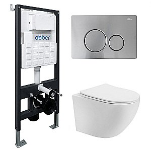 Унитаз подвесной Abber Bequem AC1100T-AC0105-AC0121MCH белый, безободковый, с инсталляцией, с крышкой микролифт, слив-торнадо, с кнопкой матовый хром купить в интернет-магазине Sanbest