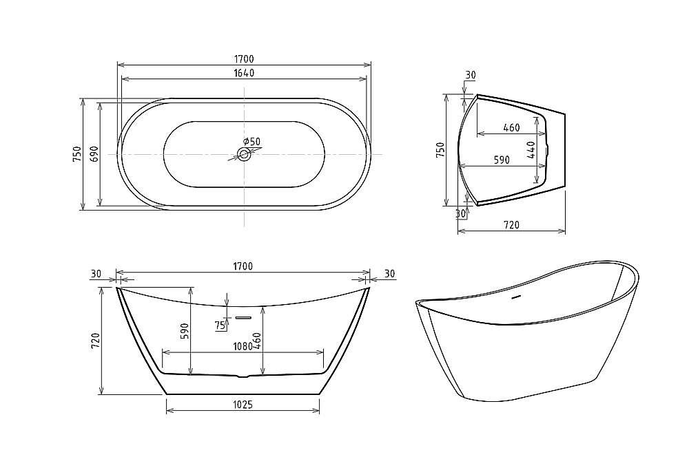 Акриловая ванна Royal Bath WAVE RB610101GR 170х75 белый купить в интернет-магазине Sanbest