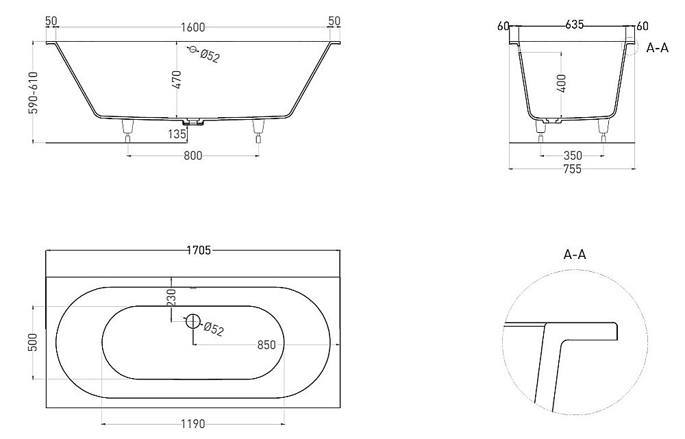 Ванна Salini Ornella AXIS S-Sense 170x75 103413GF RAL купить в интернет-магазине Sanbest