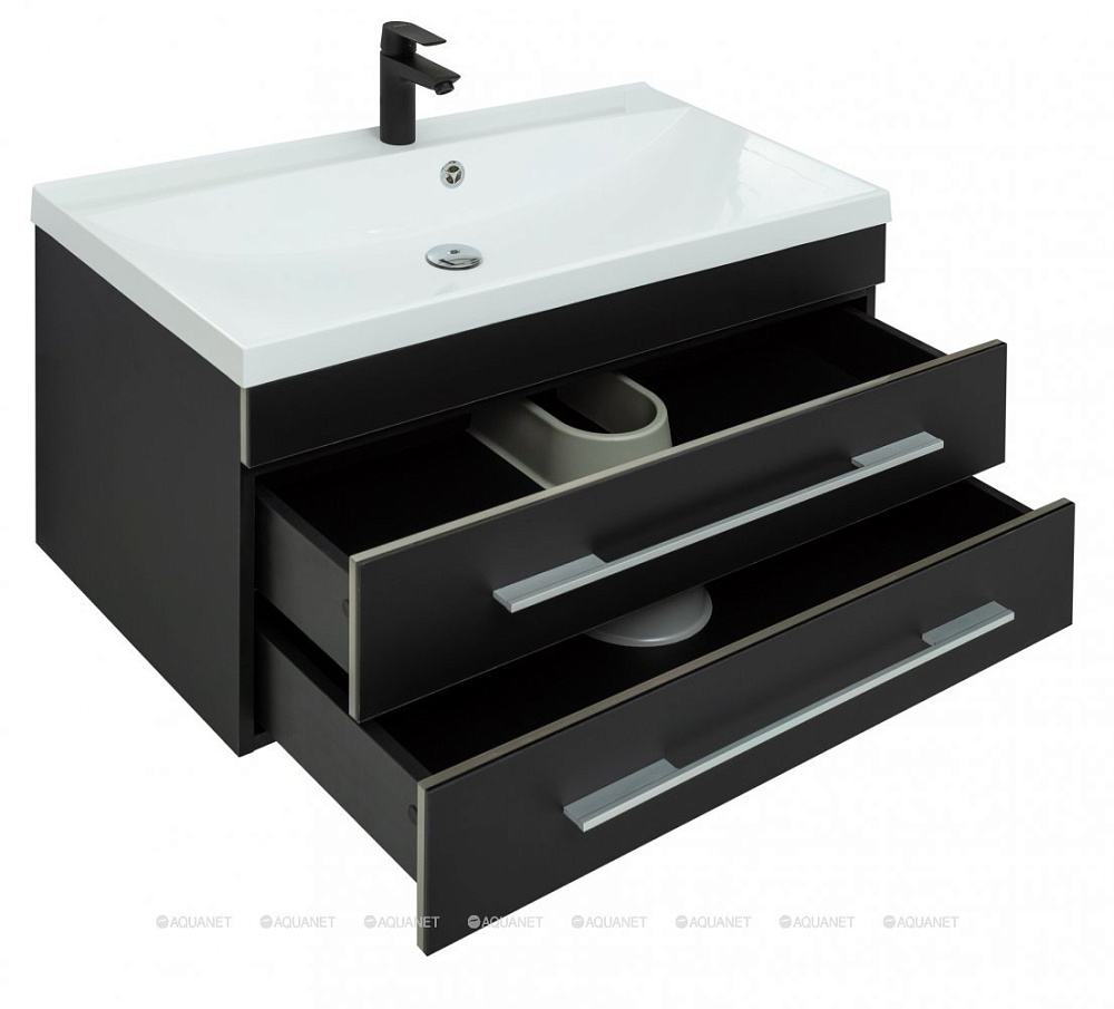 Тумба с раковиной Aquanet Верона 272429 90 New черный матовый для ванной в интернет-магазине Sanbest