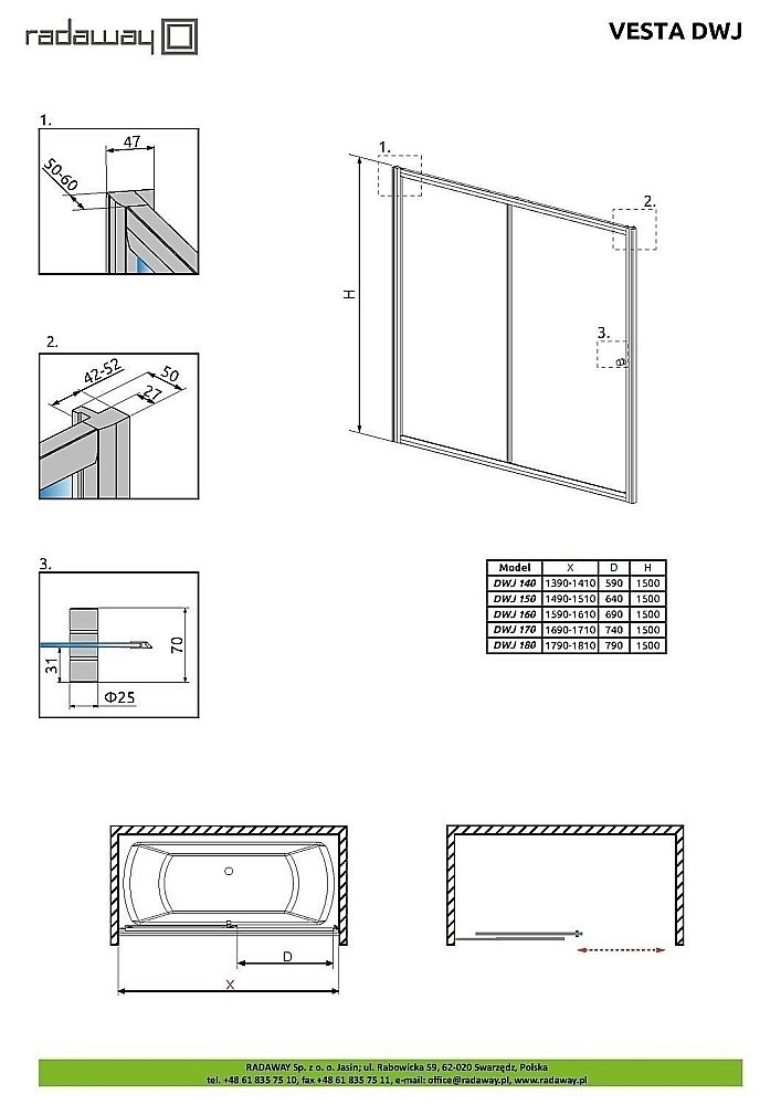 Шторка для ванны Radaway Vesta DWJ+S 150x80 купить в интернет-магазине Sanbest
