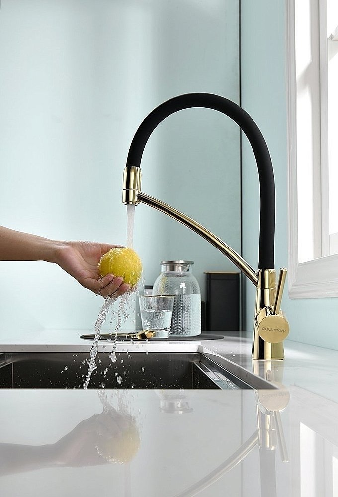 Смеситель для кухни Paulmark Sigen Si213111-G Золото, Черный купить в интернет-магазине сантехники Sanbest
