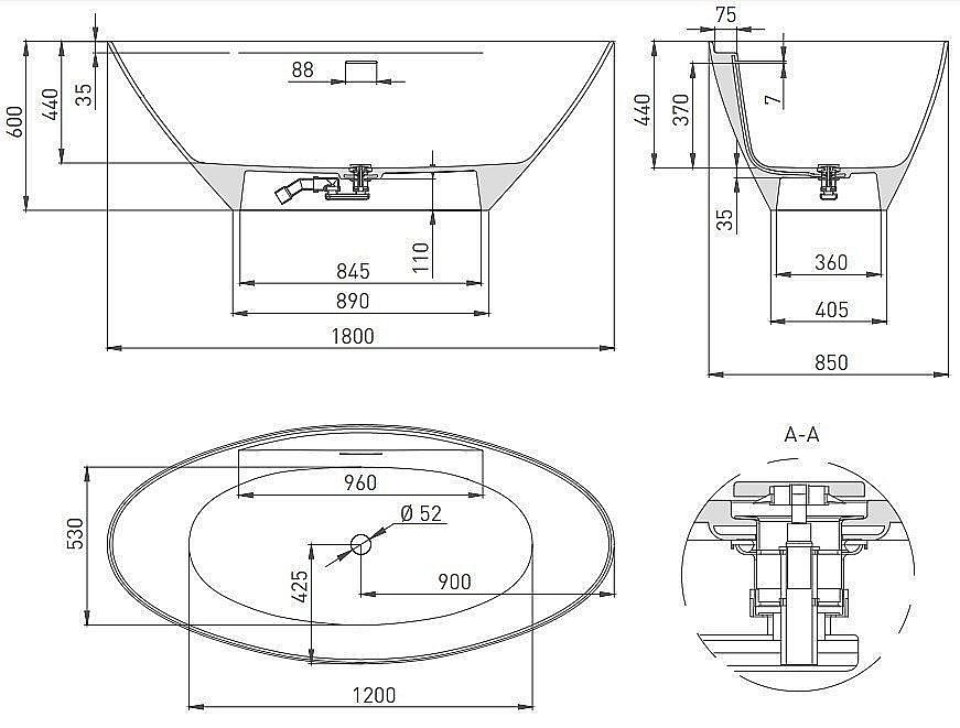 Ванна Salini DIVA S-Stone 178x85 102221M белая матовая купить в интернет-магазине Sanbest