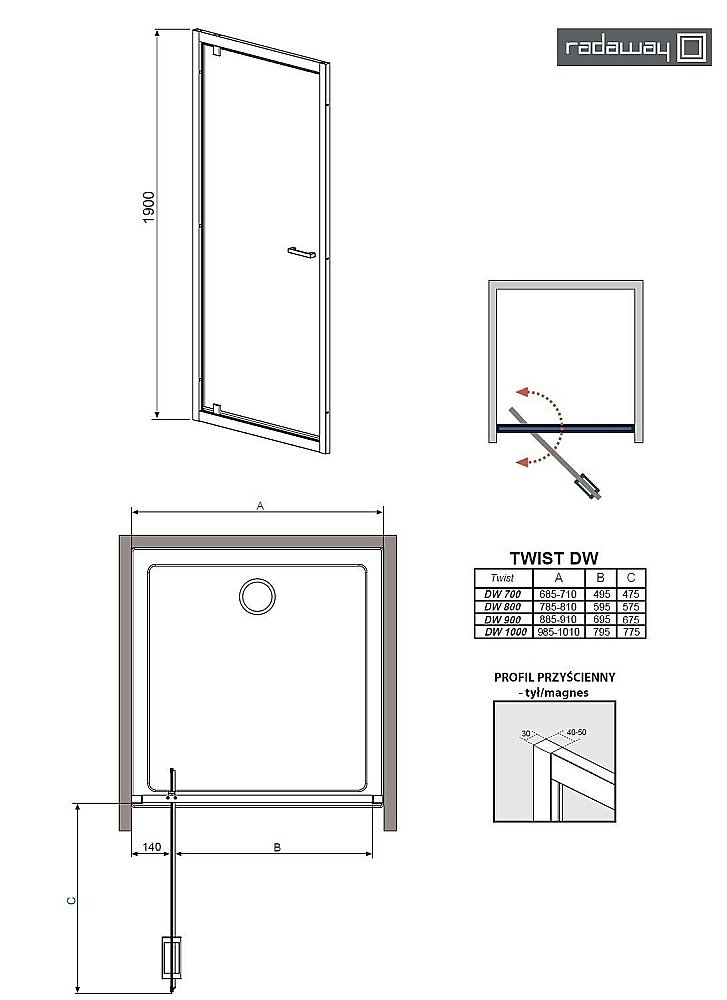 Душевая дверь Radaway Twist DWJ 80 стекло прозрачное купить в интернет-магазине Sanbest