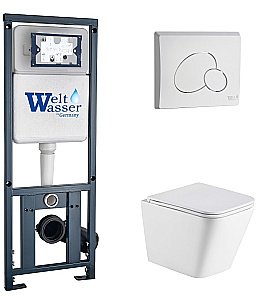 Унитаз подвесной WeltWasser MARBERG 410 + GELBACH 043 MT-WT + MAR 410 RD GL-WT белый матовый, безободковый, с крышкой микролифт, слив-торнадо, с инсталляцией и белой глянцевой кнопкой купить в интернет-магазине Sanbest