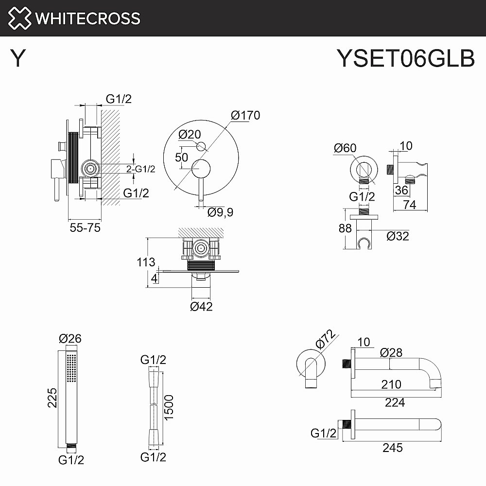 Смеситель для ванны WhiteCross Y YSET06GLB матовое золото купить в интернет-магазине сантехники Sanbest