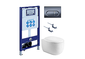 Унитаз подвесной с инсталляцией Aquatek Альтаир SET AQUATEK АЛЬТАИР cm-050 4в1 белый/кнопка оружейная сталь матовая, безободковый, с крышкой микролифт купить в интернет-магазине Sanbest