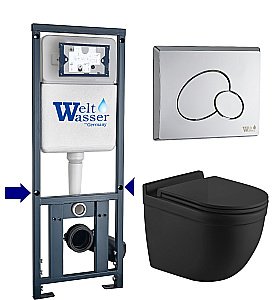 Унитаз подвесной WeltWasser MARBERG 410 + HEIMBACH 043 MT-BL + MAR 410 RD-CR черный матовый, безободковый, с крышкой микролифт, слив-торнадо, с инсталляцией и кнопкой хром глянцевый купить в интернет-магазине Sanbest