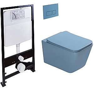 Унитаз подвесной с инсталляцией SantiLine SL-5007T-BL+SL-01/BL голубой матовый/кнопка голубая матовая, безободковый, с крышкой микролифт, слив торнадо купить в интернет-магазине Sanbest