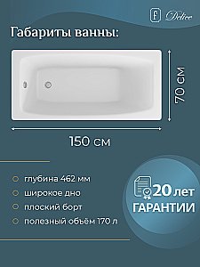Ванна чугунная Delice Repos Comfort DLR220507 150х70 белая купить в интернет-магазине Sanbest