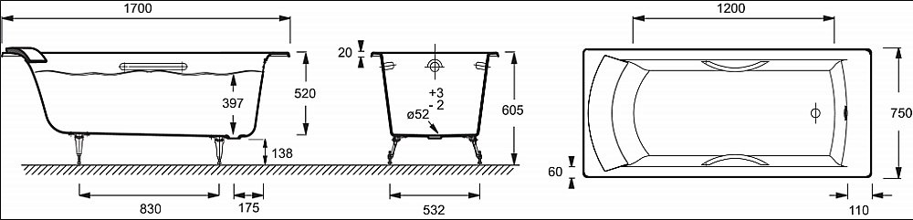 Ванна чугунная Jacob Delafon BIOVE E2938-00 170x75 купить в интернет-магазине Sanbest
