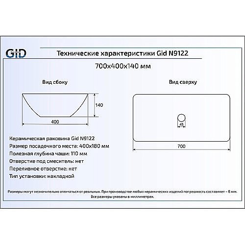 Раковина накладная Gid Geometrico 70 N9122 (E408) 51124 белая купить в интернет-магазине Sanbest