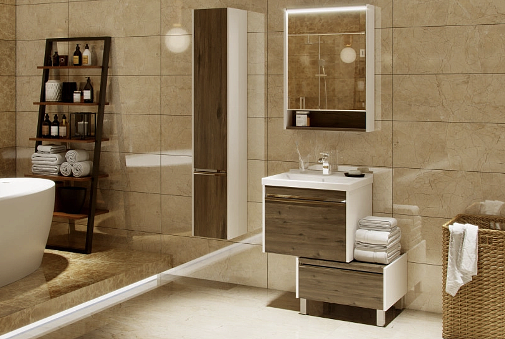 Нижняя тумба Акватон Капри 60 темное дерево для ванной в интернет-магазине сантехники Sanbest