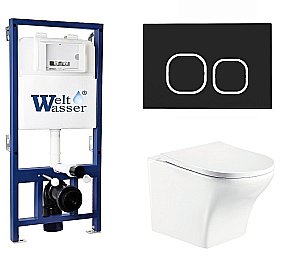 Унитаз с инсталляцией WeltWasser BAMBERG 525+ODENBACH 004 GL-WT+BAMBERG BL белый/кнопка черная, безободковый, с крышкой микролифт купить в интернет-магазине Sanbest