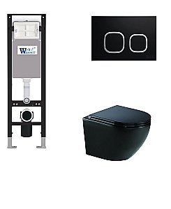 Унитаз подвесной WeltWasser AMBERG 350 + MERZBACH 041 XL MT-BL + AMBERG RD-BL черный матовый, безободковый, с крышкой микролифт, слив-торнадо, с инсталляцией и черной кнопкой купить в интернет-магазине Sanbest