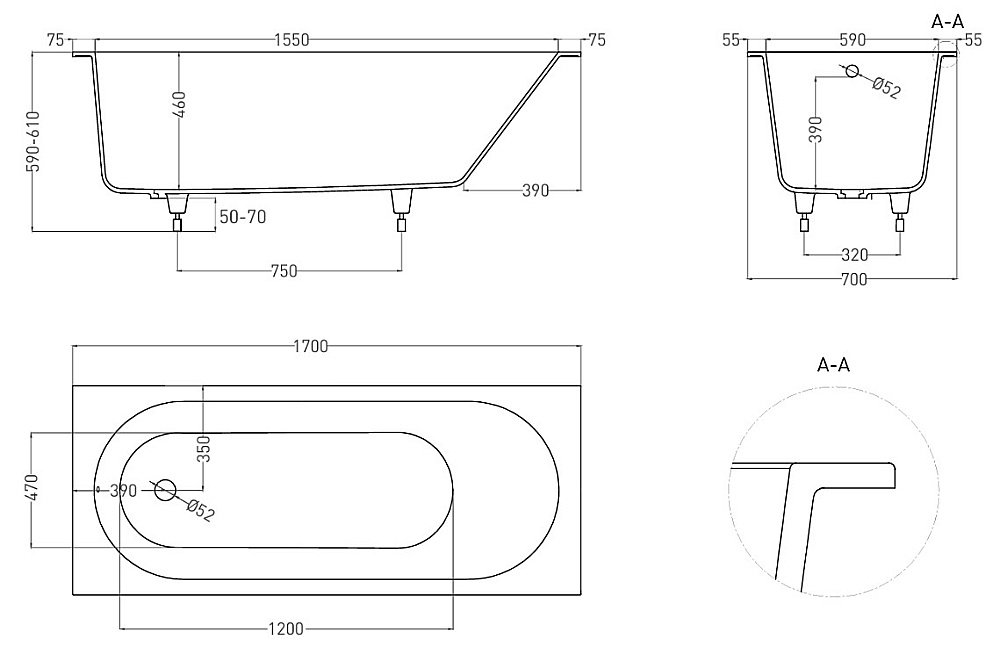Ванна Salini Ornella S-Sense 170х70 102313GF RAL купить в интернет-магазине Sanbest