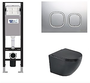 Унитаз подвесной WeltWasser AMBERG 350 + HEIMBACH 043 MT-BL + AMBERG RD-MT CR черный матовый, безободковый, с крышкой микролифт, слив-торнадо, с инсталляцией и кнопкой хром матовый купить в интернет-магазине Sanbest