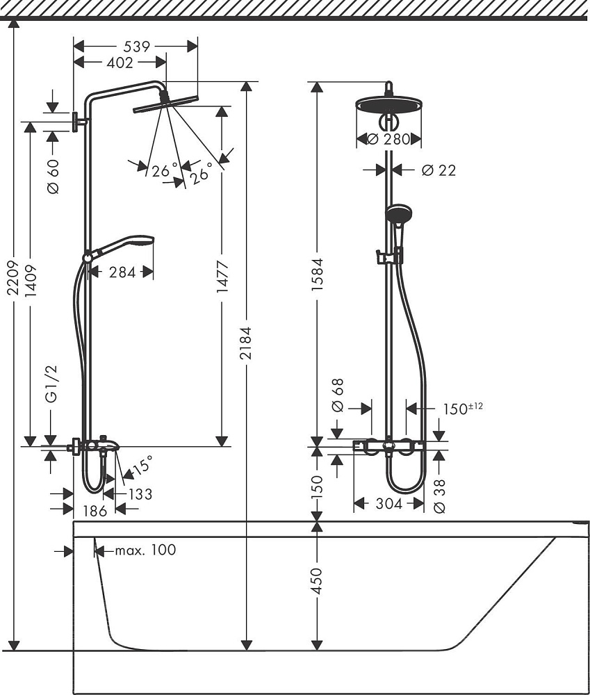 Душевая система Hansgrohe Croma Select S Showerpipe 280 1jet 26792000 купить в интернет-магазине сантехники Sanbest