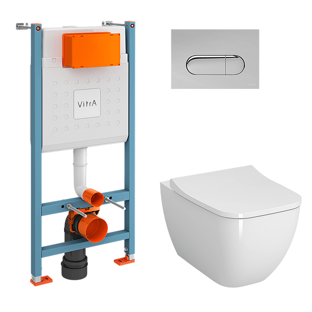 Унитаз подвесной VitrA Shift 9855B003-7206 с инсталляцией, с сиденьем микролифт, безободковый, белый/клавиша хром купить в интернет-магазине Sanbest
