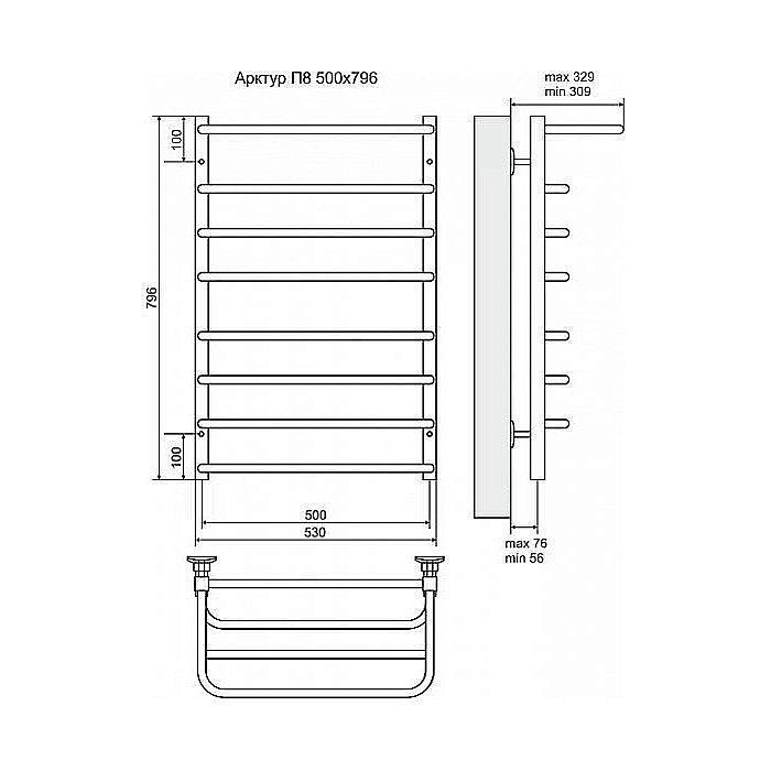 Полотенцесушитель электрический Terminus Арктур П8 500x796 с полкой левый/правый купить в интернет-магазине сантехники Sanbest