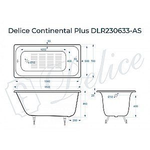 Ванна чугунная Delice Continental PLUS Elite DLR230633-AS 150х70 белая купить в интернет-магазине Sanbest