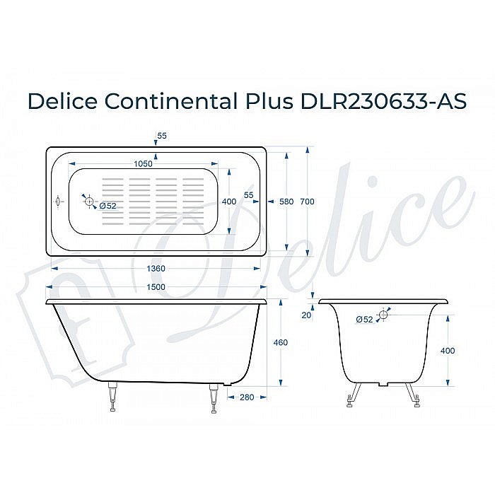 Ванна чугунная Delice Continental PLUS Elite DLR230633-AS 150х70 белая купить в интернет-магазине Sanbest