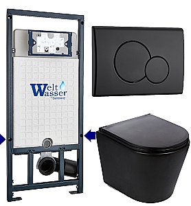 Унитаз подвесной WeltWasser MARBERG 507 + SALZBACH 043 MT-BL + MAR 507 RD MT-BL черный матовый, безободковый, с крышкой микролифт, слив торнадо, с инсталляцией и черной матовой кнопкой купить в интернет-магазине Sanbest