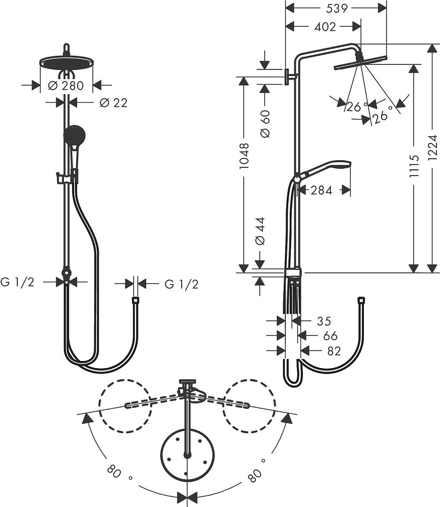 Душевая система Hansgrohe Croma Select S Showerpipe 280 1jet Reno 26793000 купить в интернет-магазине сантехники Sanbest