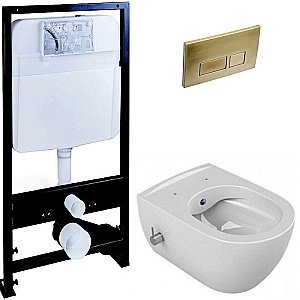 Унитаз Boheme Bianca 963-2 с инсталяцией и кнопкой 664-MG белый глянцевый/матовое золото, безободковый, с функцией биде купить в интернет-магазине Sanbest