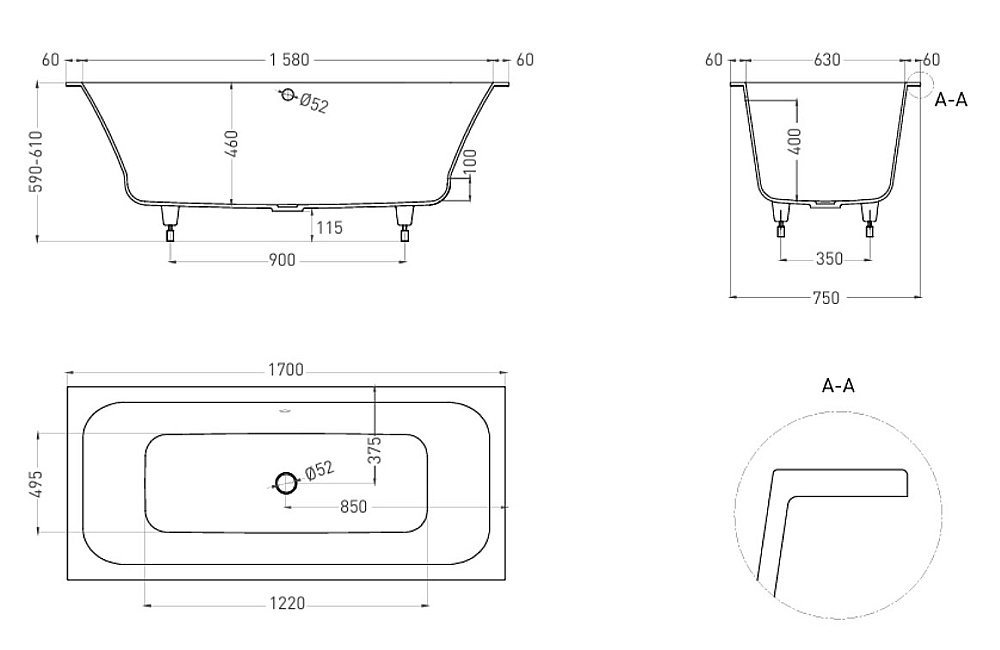 Ванна Salini Orlanda AXIS S-Sense 170x75 103213GF RAL купить в интернет-магазине Sanbest