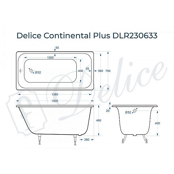 Ванна чугунная Delice Continental PLUS Elite DLR230633 150х70 белая купить в интернет-магазине Sanbest